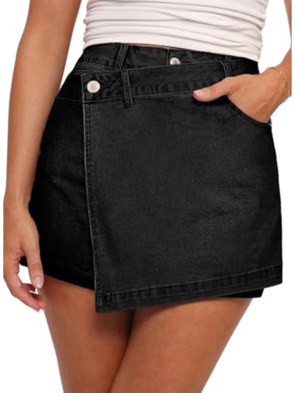 High Waisted Wrap Denim Skort with Shorts, Stretchy Fabric, Asymmetrical